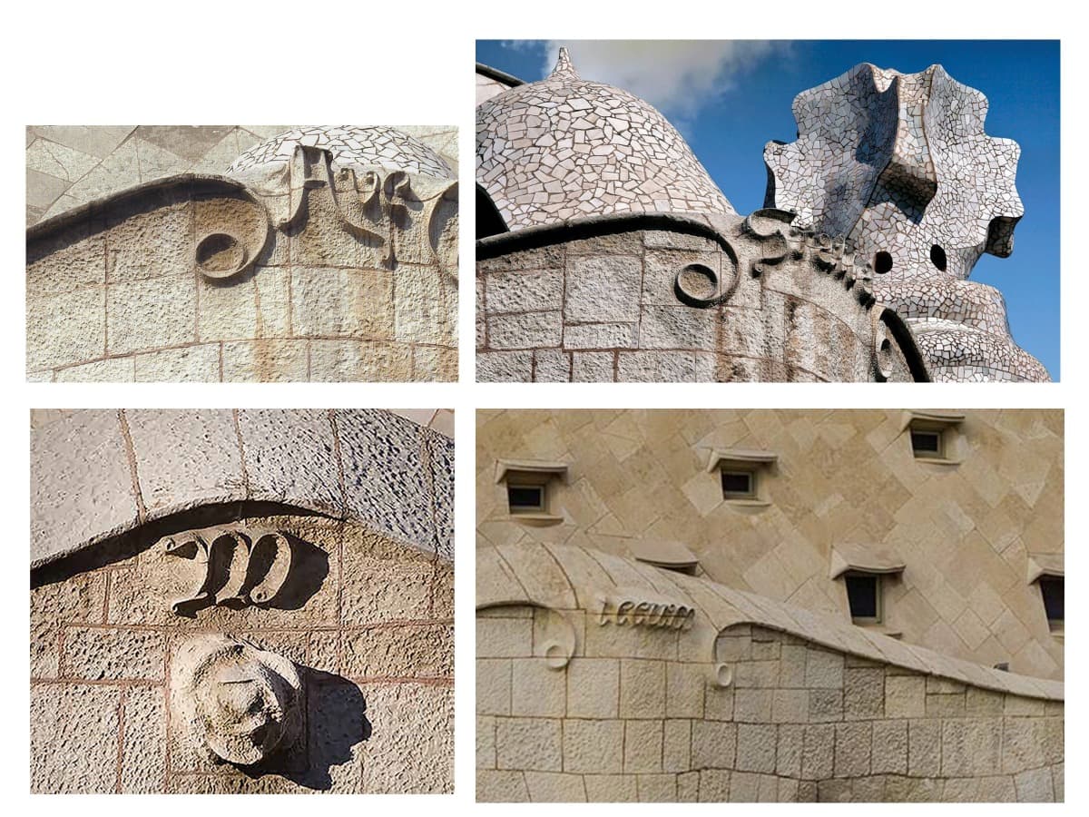 Inscripciones Ave Gratia M Plena en la cornisa de la Casa Milà