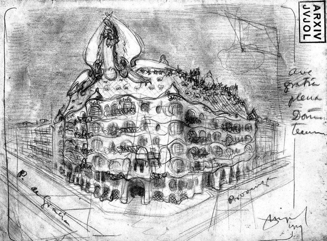 Boceto a lápiz de Josep Maria Jujol: la Virgen sobre la Casa Milà
